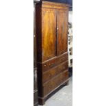 A 19th century mahogany and satinwood-strung linen press, lacking slides, the base having 2 dummy