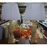 A pair of alabaster table lamps and shades, height 64cm overall