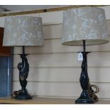 A pair of swan design table lamps and shades, 55cm overall