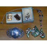 Renoir stylised earrings, silver and enamel earrings, a silver and enamel brooch, a necklace etc