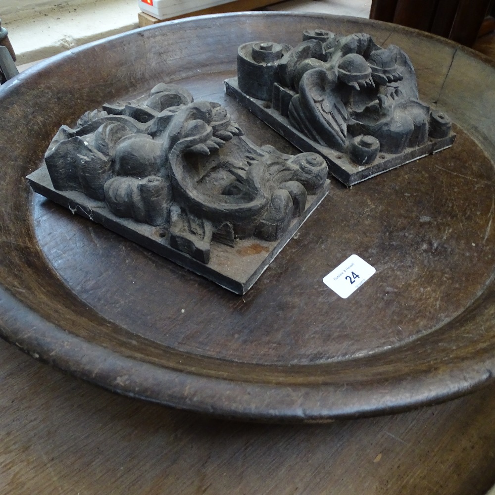 A wooden dish, 52cm, and a pair of carved lion masks - Image 2 of 2