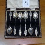 A cased set of 6 silver teaspoons with stylised swan design stems
