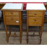 A pair of pitch pine marble-top bedside cupboards, W37cm