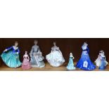 5 Coalport figures, 2 Royal Doulton ladies, and another figure (8)