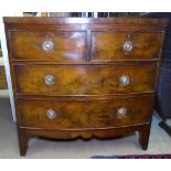 A 19th century cross-banded mahogany bow-front chest of 2 short and 2 long drawers, with bracket