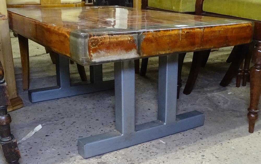 A 1960s coffee table with ship's timbers and coin embedded in perspex resin, on a steel base, W93cm - Image 2 of 2