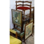 A brass-bound coffee table with map top, 2 folding fire screens, a corner chair, and a pad foot