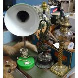 A verdigris brass fish table lamp, 43cm, a desk lamp, and a brass barley twist oil lamp