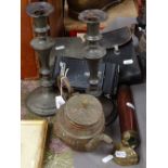 A telescope by G Willson, London, a Kodak folding camera, pewter items etc