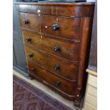 An 18th century mahogany bow-front Scottish chest, with 2 short and 3 long drawers, split turned