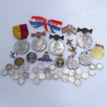 Various medals, silver coins, a brooch etc