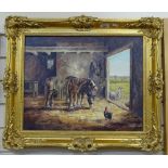 Donna Crawshaw, oil on canvas, horses and chicken in a barn, signed, 15.5" x 19", framed