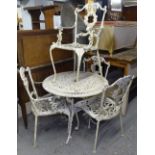 A white painted aluminium circular garden table, and 4 matching chairs