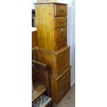 A narrow pine chest of 4-drawers, a small pine box, and a small pine cabinet with panelled door (3)
