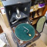 An Apollo wind-up portable gramophone, and a boxful of records