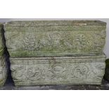 A pair of weathered embossed concrete rectangular planters, 71cm