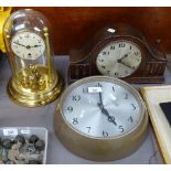 A 400-day clock under dome, 28cm, a GPO electric wall clock, and an oak-cased mantel clock