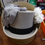 A grey top hat by Christys' London, size 7 3/8, hat box, gloves etc