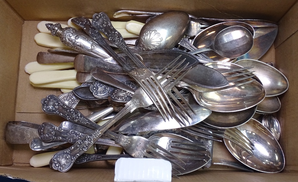 A box of mixed silver plated cutlery, to include King's pattern and Old English