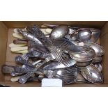 A box of mixed silver plated cutlery, to include King's pattern and Old English