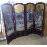 A Chinese red lacquered 4-fold screen with painted decoration