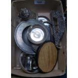 A silver and niello 3-piece cruet set, a silver-top jar, a pewter dish etc