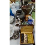 Teapots, Studio vases, cased cutlery etc