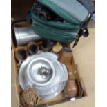 A Canon camera, metal plates and dishes, copper mugs etc