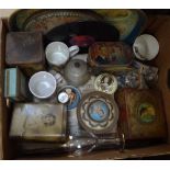 2 boxfuls of souvenir Coronation tins, Royal ephemera, a 1977 Jubilee mirror, a mug etc