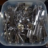 A mixed box of stainless steel and plated cutlery, including Excalibur