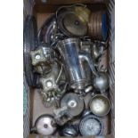 A large box of assorted silver plated teaware, candelabra etc