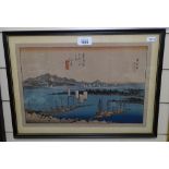 Hiroshige, Japanese colour woodblock, distant view of Miho, signed with text inscription, 10" x 14.