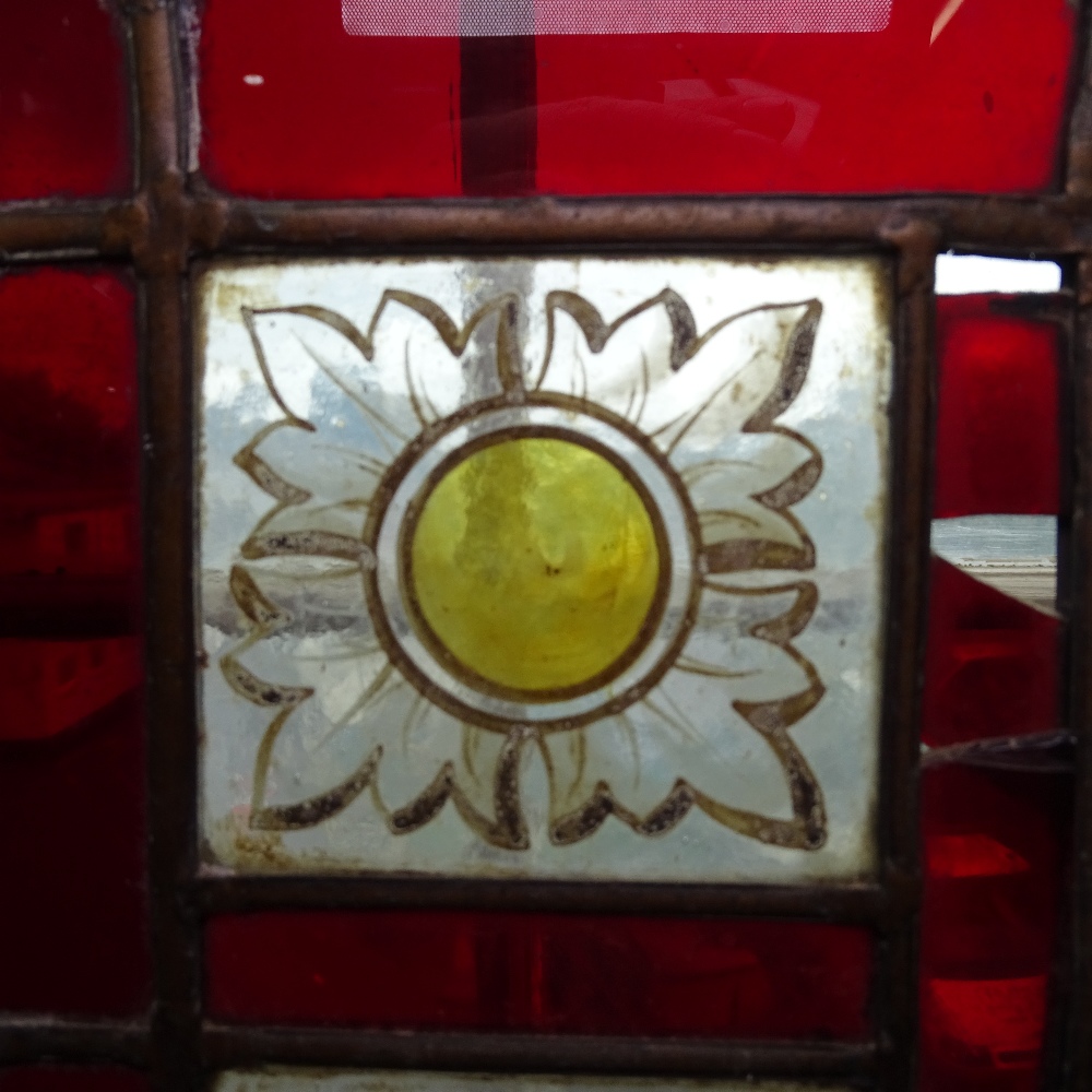 A Victorian brass and stained glass firescreen, with inset leadlight panels depicting birds and - Image 7 of 9