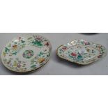 A pair of Chinese painted porcelain plates, 23.5cm, a stand, and a fruit bowl