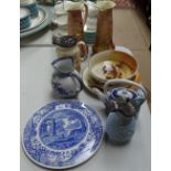 A pair of Staffordshire jugs, 27cm, a Spode cake plate, a Doulton jug etc