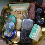 Compacts, a spirit flask, cufflinks, opera glasses etc