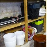A collection of items to include a electric coolbox, kitchenalia, plant pots, a meat grinder,