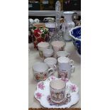 Victorian and other Coronation mugs, a cut-glass claret jug etc