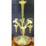 Impressive vaseline glass table centre epergne with baskets, having applied decoration, height 63cm