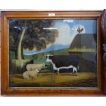 19th century English school, reverse painting on glass, farmyard scene, 17" x 22", original maple