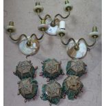 A set of 3 onyx wall lights, Antique shades, and coloured chandelier drops