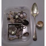 A box containing Georgian silver tablespoons, silver coins, chains etc