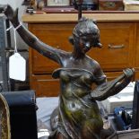 A patinated spelter figure lamp, 34cm overall