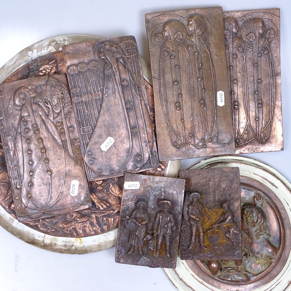 2 Victorian copper plaques mounted on pine, a set of 3 WMF plaques, 24.5cm, and a pair of small - Image 2 of 2