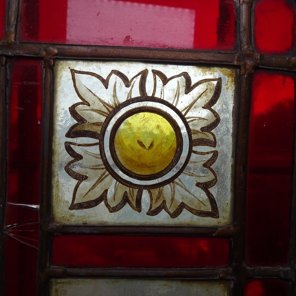 A Victorian brass and stained glass firescreen, with inset leadlight panels depicting birds and - Image 3 of 9