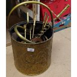 A brass coal bucket, a fire companion set, a fishing reel etc