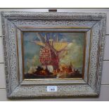 Follower of Frank Brangwyn, oil on board, sailors and galleon, 7.5" x 9", framed