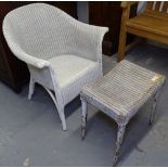 A white painted Lloyd Loom bedroom chair, and stool