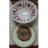 A Poole Pottery bowl, 26.5cm, 2 Poole plates, and a Poole mouse plaque