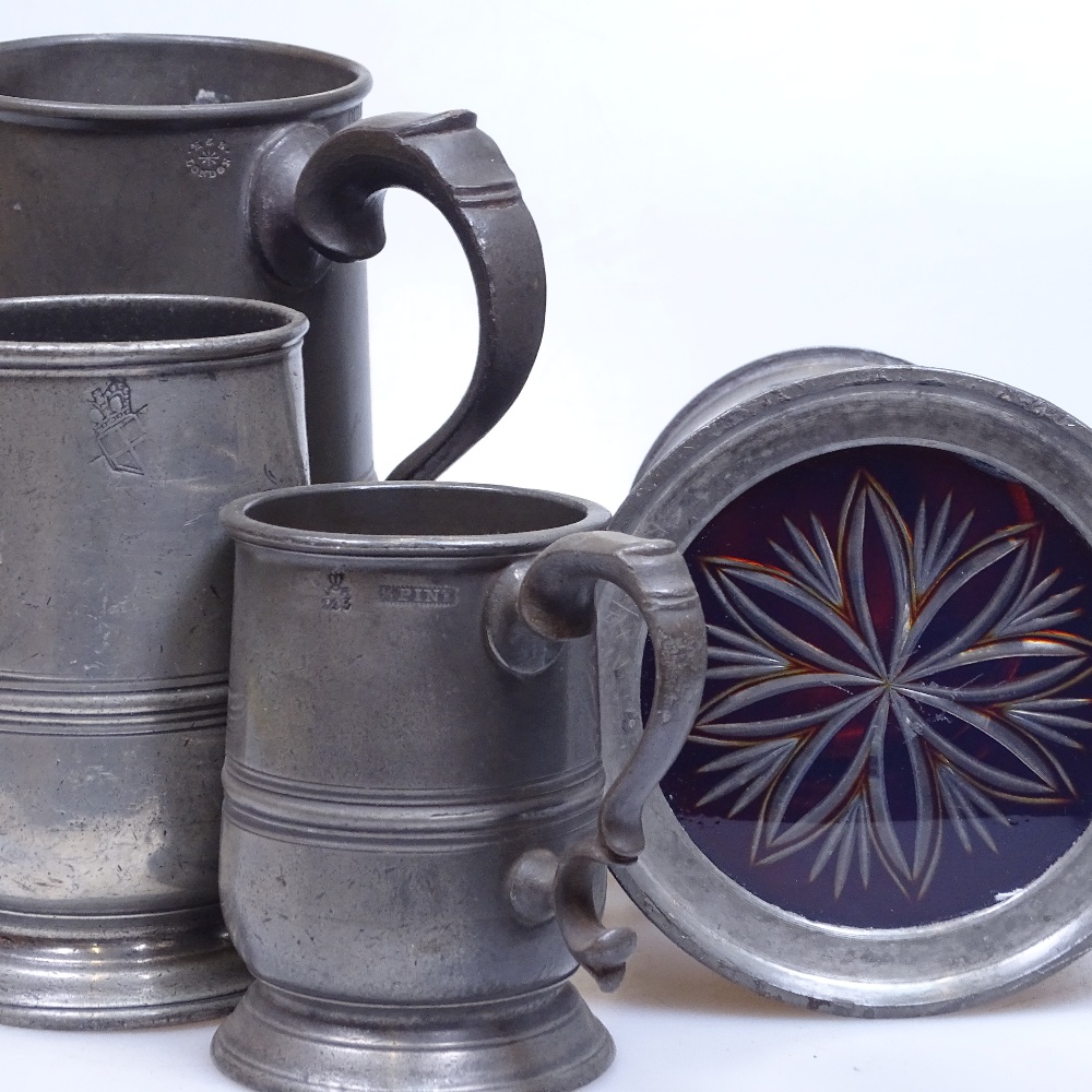 3 graduated Antique pewter measures, and a lidded quart measure with cut-glass base - Image 2 of 2
